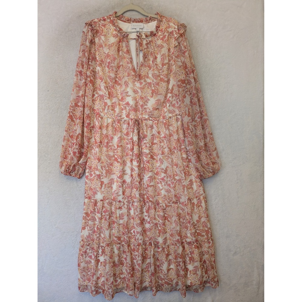 Sugarlips Floral Midi Dress Women's Size M Pink Lurex Shimmer Tiered Long Sleeve
